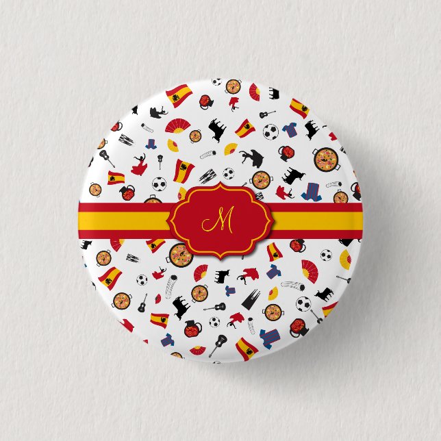 Spanish items with flag to add your monogram pinback button (Front)