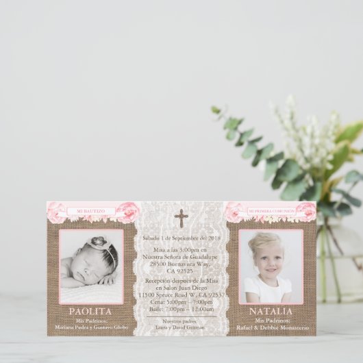 Spanish Joint Baptism / Communion cards for twins (Standing Front)