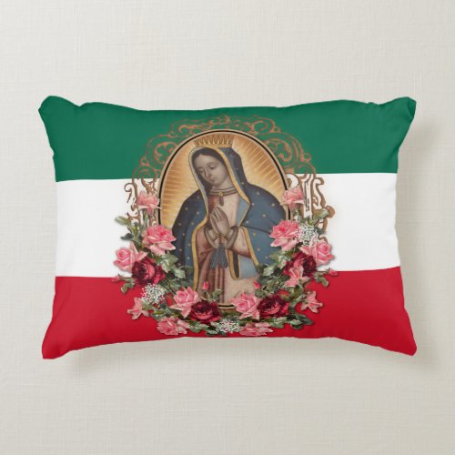 Spanish Lady of Guadalupe Mexican Flag Religious A Accent Pillow