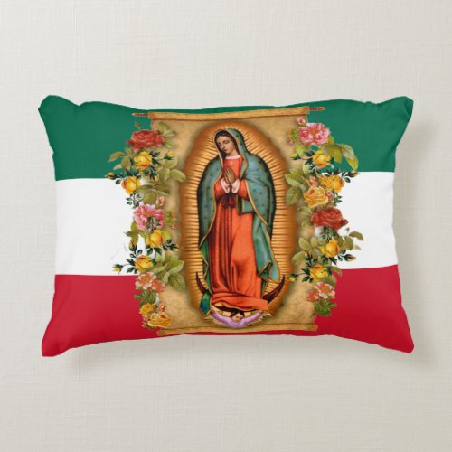 Spanish Lady of Guadalupe Mexican Flag Religious Accent Pillow