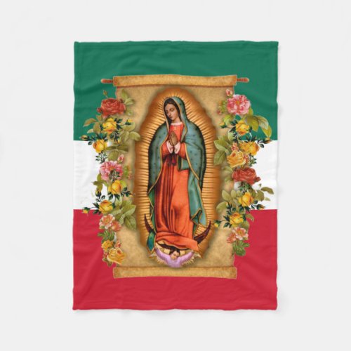 Spanish Lady of Guadalupe Mexican Flag Religious Fleece Blanket
