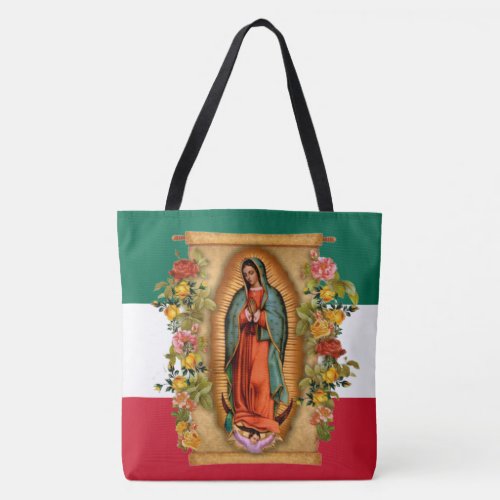 Spanish Lady of Guadalupe Mexican Flag Religious T Tote Bag