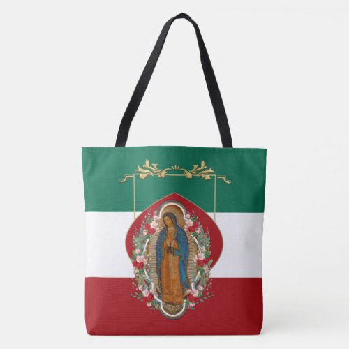 Spanish Lady of Guadalupe Mexican Flag Religious  Tote Bag