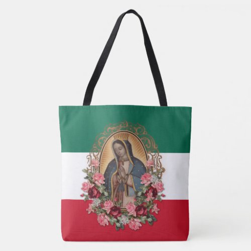 Spanish Lady of Guadalupe Mexican Flag Religious Tote Bag