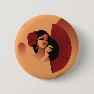 Spanish Lady  with fan and red rose in hair Button