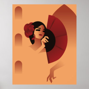 Spanish Lady with fan and red rose in hair Poster