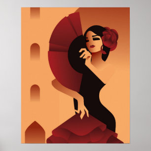 Spanish Lady with fan and rose in hair Poster