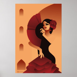 Spanish Lady with fan and rose in hair Poster