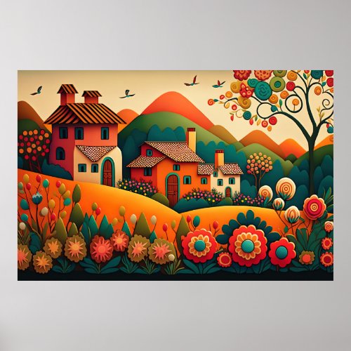 Spanish Landscape In Colorful Folk Art Style Poster