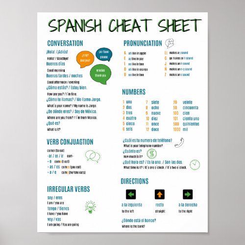 Spanish Language Cheat Sheet for Beginner Learners Poster