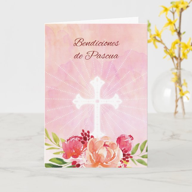 Spanish Language Easter Blessings Pink Flowers wit Card (Yellow Flower)