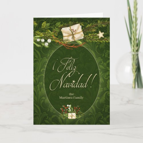 Spanish Language Green Christmas Trees with Name H Holiday Card