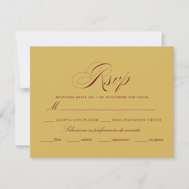 Spanish Language Nuestra Boda burgundy gold RSVP Card (Front)
