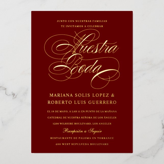 Spanish Language Nuestra Boda Maroon Gold  Foil Invitation (Front)