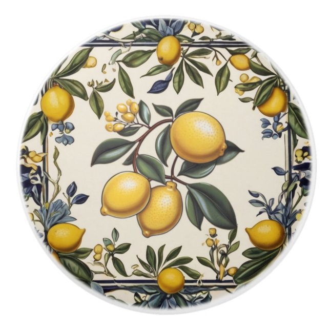 Spanish Lemon Branch Lemons Leaves Blue & White Ceramic Knob (Front)