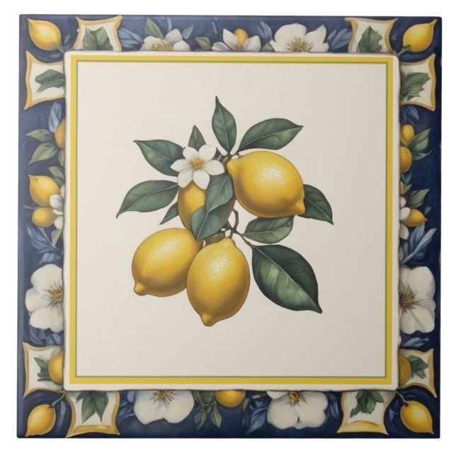 Spanish Lemons on Branch Lemon Leaves Blue & White Ceramic Tile (Front)
