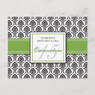 SPANISH Lime Green Damask Quinceañera Invitación Invitation