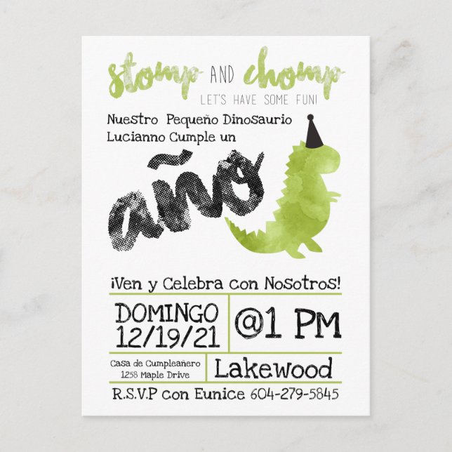 Spanish Little Dino Dinosaur theme Boy  Stomp Postcard (Front)