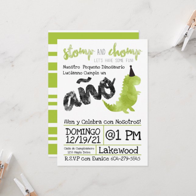 Spanish Little Dino   dinosaurio verde Chico Invitation (Front/Back In Situ)