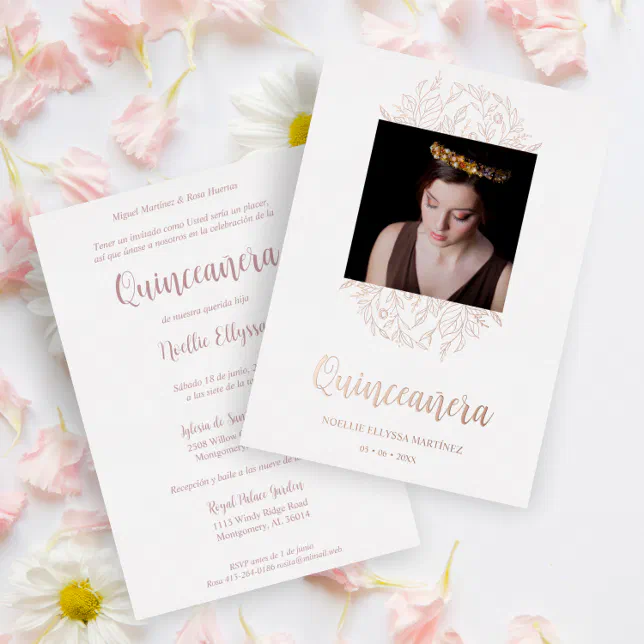 Spanish Luxury Wildflowers Frame Quinceañera Photo Foil Invitation | Zazzle