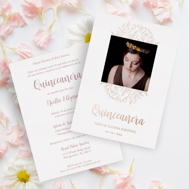 Spanish Luxury Wildflowers Frame Quinceañera Photo Foil Invitation (Creator Uploaded)
