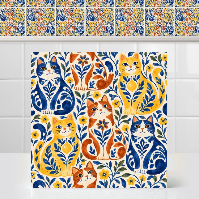 Spanish Majolica Folk Art Bold Cat Pottery Pattern Ceramic Tile (Cute hand painted poterry Spanish Majolica Folk Art Bold Cat Pottery Pattern Ceramic Tile)