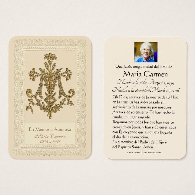 Spanish Mary Catholic Funeral Memorial Holy Card - (Front & Back)