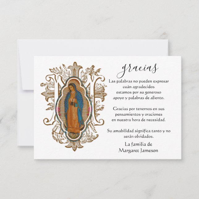 Spanish Mary Guadalupe Thank You Condolence Card (Front)