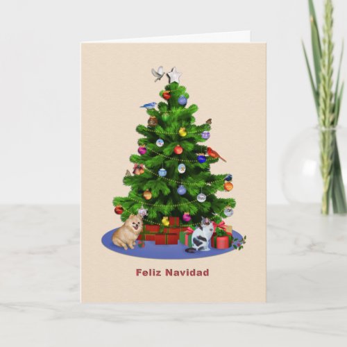 Spanish Merry Christmas Tree Birds Cat Dog Holiday Card
