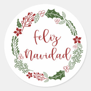 Spanish Merry Christmas Wreath, Feliz Navidad Classic Round Sticker