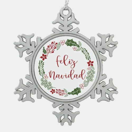 Spanish Merry Christmas Wreath Feliz Navidad Snowflake Pewter Christmas Ornament