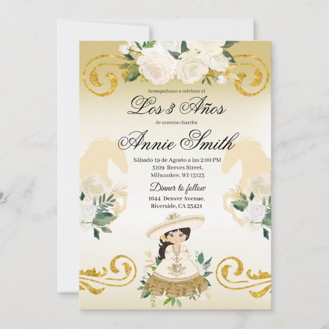 Spanish Mexican 3 años Gold Girl Charra Invitation (Front)