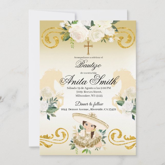 Spanish Mexican Baptism Gold Girl Charra Invitation (Front)