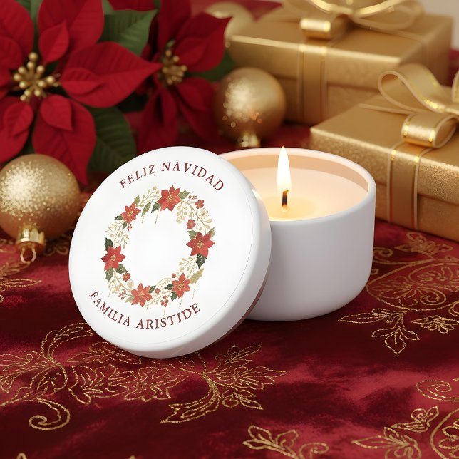 Spanish Mexican Botanical Christmas Floral Wreath  Mini Candle Favors (Spanish Mexican Inspired Christmas Floral Wreath Embroidery Style Mini Candle Favors.)