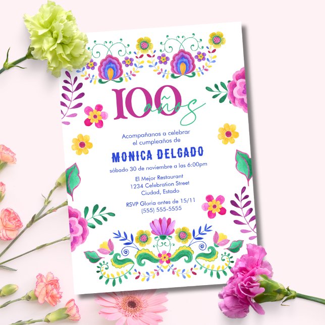 Spanish Mexican Fiesta Floral 100th Birthday Party Invitation (Creator Uploaded)