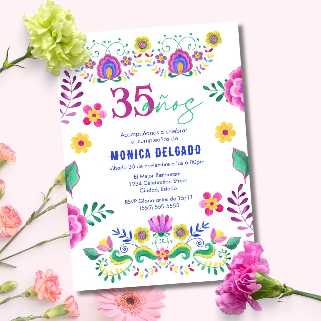 Spanish Mexican Fiesta Floral 35th Birthday Party Invitation (Creator Uploaded)