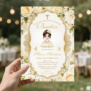 Spanish Mexican Girl Dress Fiesta Gold Bautizo Invitation
