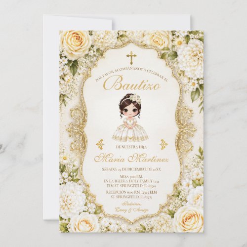 Spanish Mexican Girl Dress Fiesta Gold Bautizo Invitation