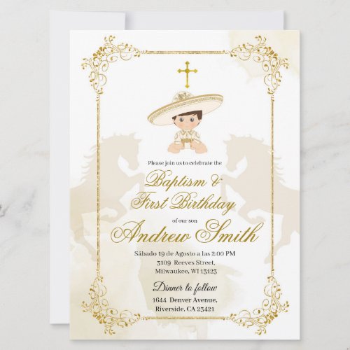 Spanish Mexican Gold Charro Baptism &amp; Birthday Invitation