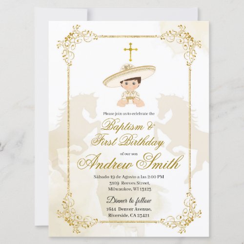 Spanish Mexican Gold Charro Baptism  Birthday Invitation