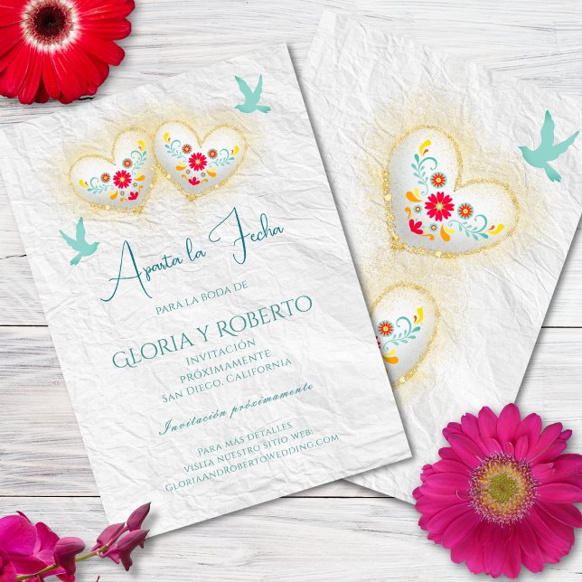 Spanish, Mexican Pastel Hearts Doves Save The Date Invitation (Creator Uploaded)