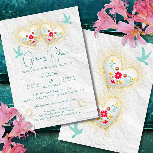 Spanish, Mexican Pastel Hearts Flowers Doves  Invitation (Creator Uploaded)