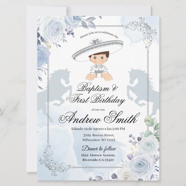 Spanish Mexican Silver Charro Baptism & Birthday  Invitation (Front)