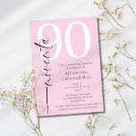 Spanish Minimalist Elegant Pink 90th Birthday  Invitation<br><div class="desc">Celebra su 90º cumpleaños con elegancia y estilo utilizando nuestra invitación moderna y minimalista en español. Con una paleta de colores refinada en rosa suave, burdeos profundo y blanco nítido, este diseño ofrece un toque sofisticado. El fondo rosa claro destaca "noventa" en una elegante tipografía burdeos a la izquierda, mientras...</div>