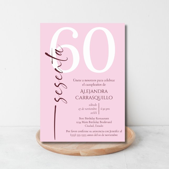 Spanish Minimalist Pink Elegant 60th Birthday  Invitation (Creator Uploaded)