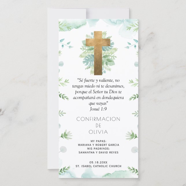 Spanish, Mint Greenery Confirmation Bookmark Favor Thank You Card (Front)