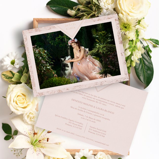 Spanish Mis XV Años Real Rose Gold Fancy Texture Foil Invitation (Creator Uploaded)