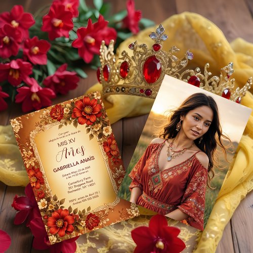 Spanish Mis XV Vintage Romantic Photo Red Flowers Invitation