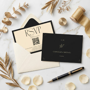 Spanish Monogram Cream and Black Wedding QR code RSVP Card