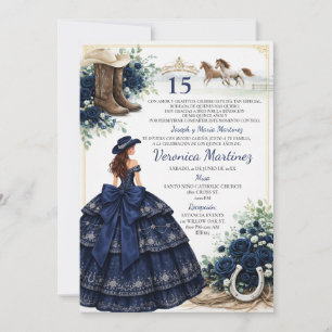 Spanish Navy Blue Floral Charro Princess 15 Años Invitation